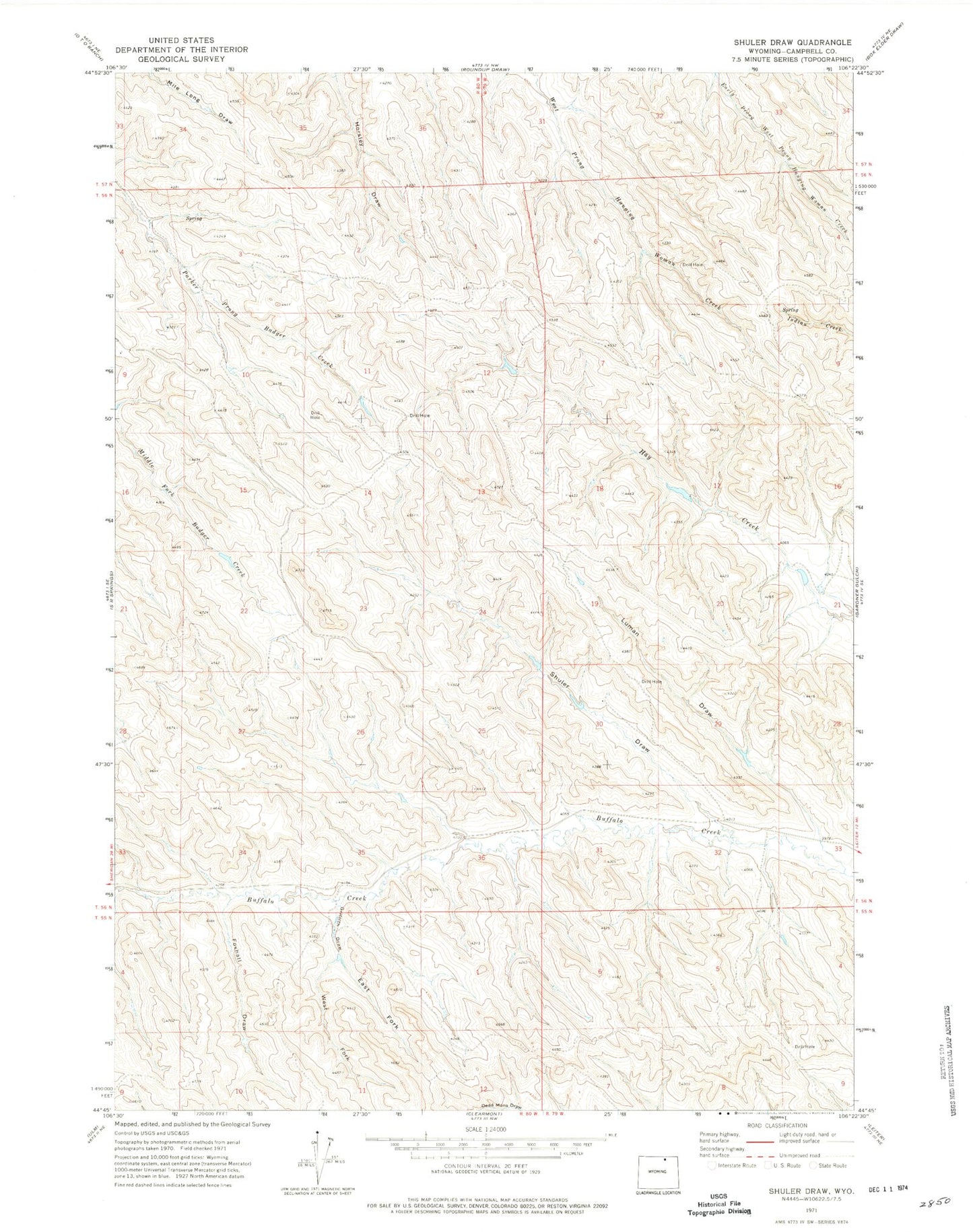 Classic USGS Shuler Draw Wyoming 7.5'x7.5' Topo Map Image