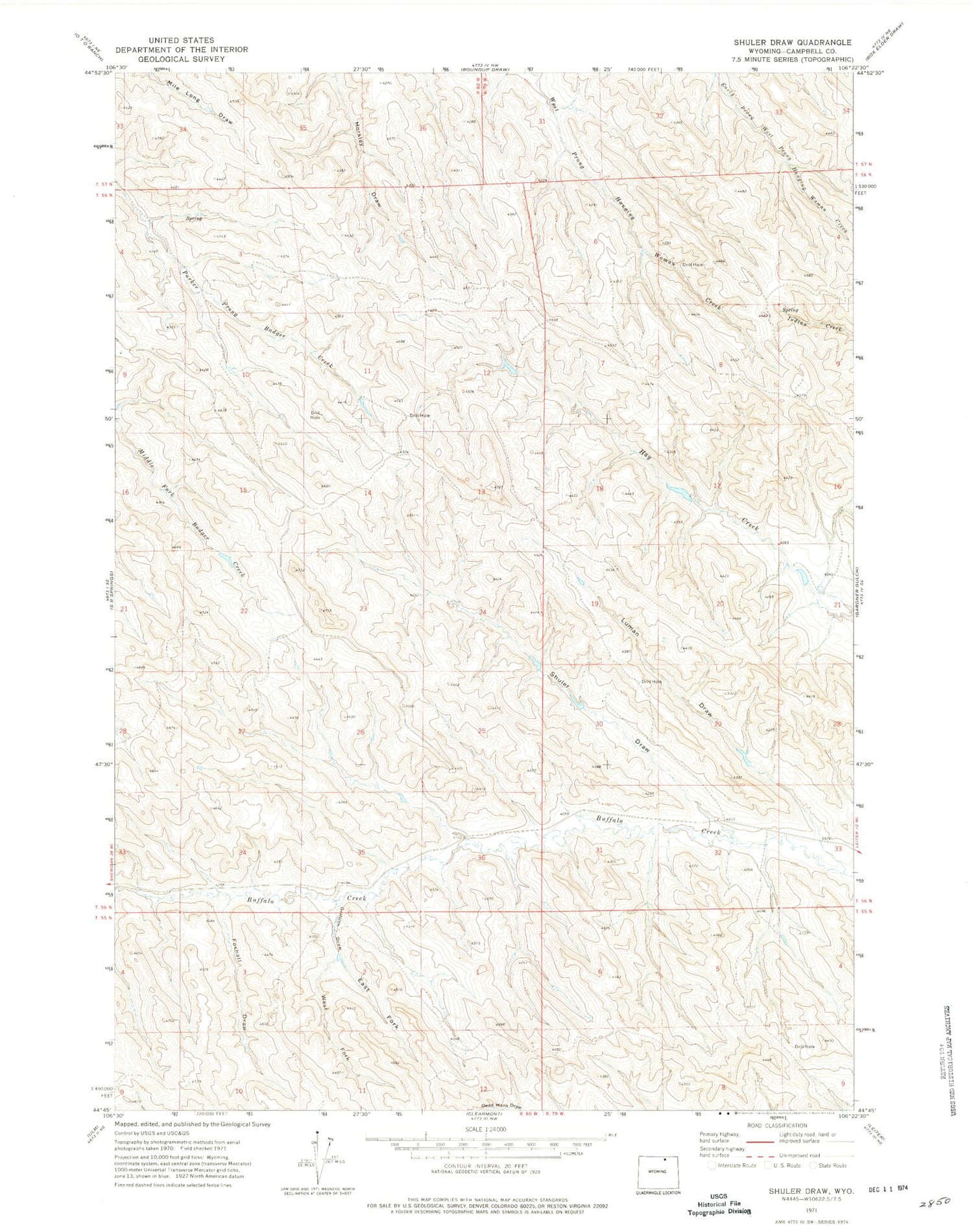 Classic USGS Shuler Draw Wyoming 7.5'x7.5' Topo Map Image