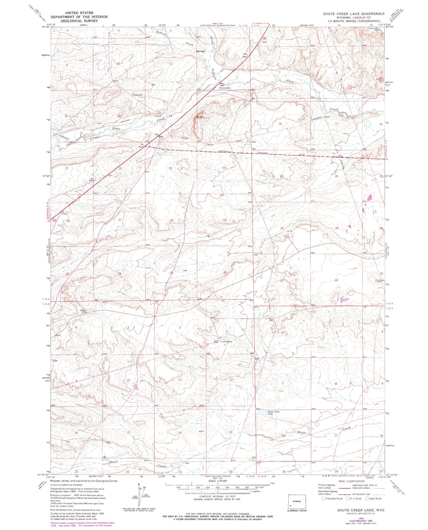 Classic USGS Shute Creek Lake Wyoming 7.5'x7.5' Topo Map Image