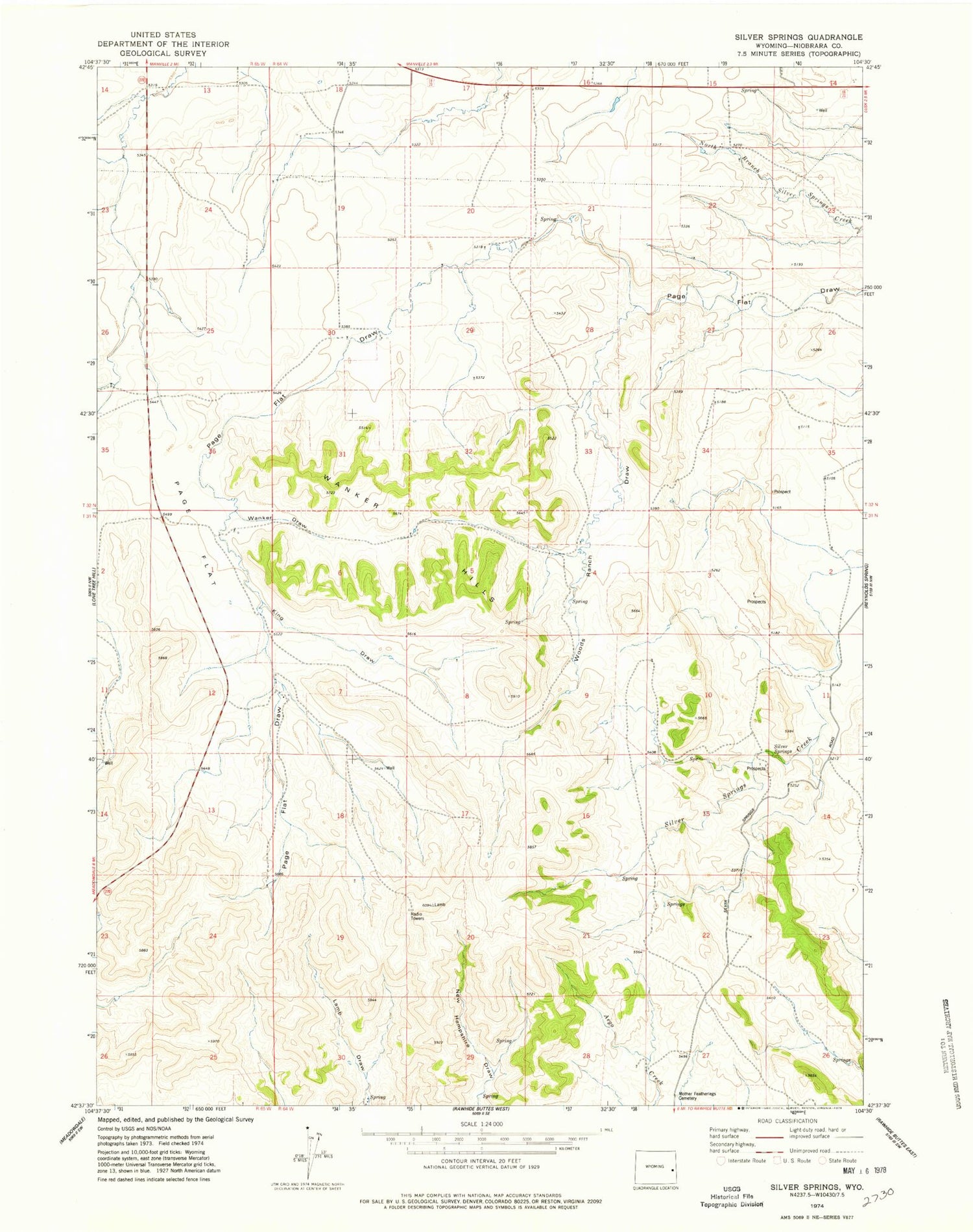 Classic USGS Silver Springs Wyoming 7.5'x7.5' Topo Map Image