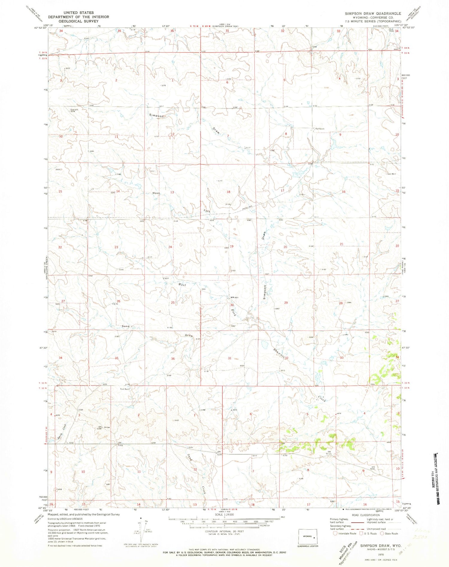Classic USGS Simpson Draw Wyoming 7.5'x7.5' Topo Map Image