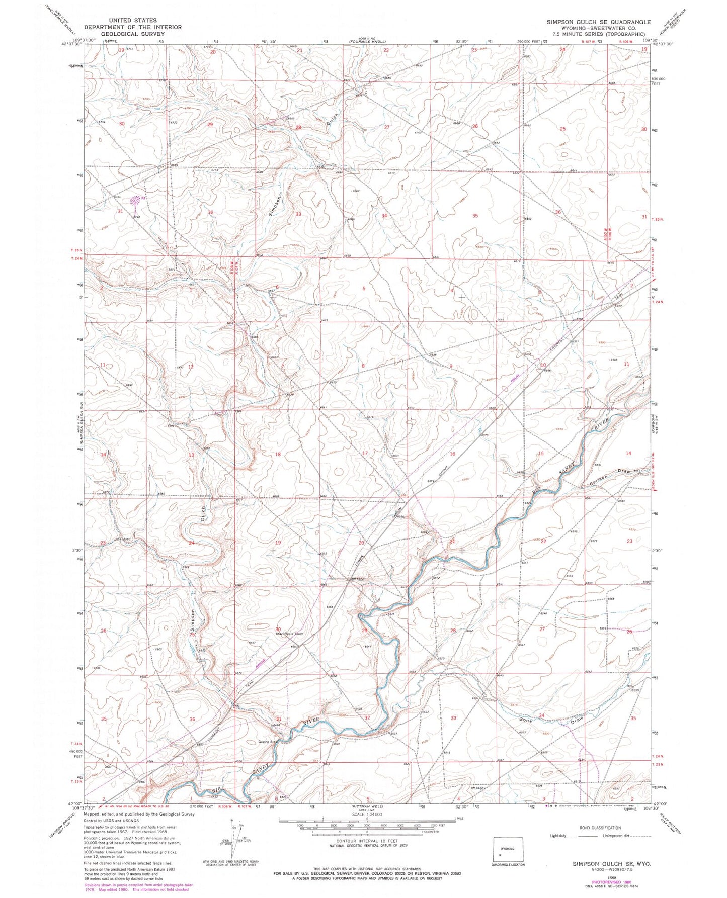 Classic USGS Simpson Gulch SE Wyoming 7.5'x7.5' Topo Map Image