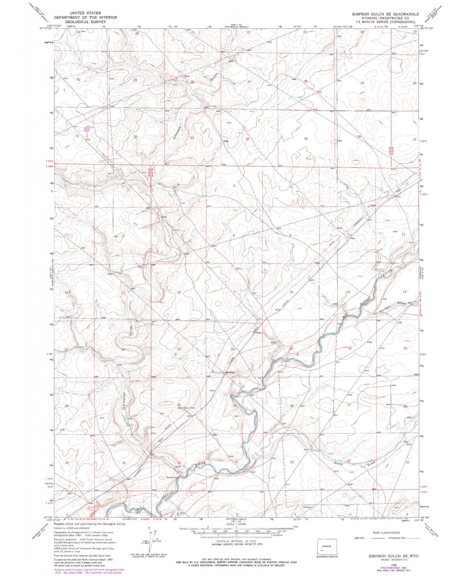 Classic USGS Simpson Gulch SE Wyoming 7.5'x7.5' Topo Map Image