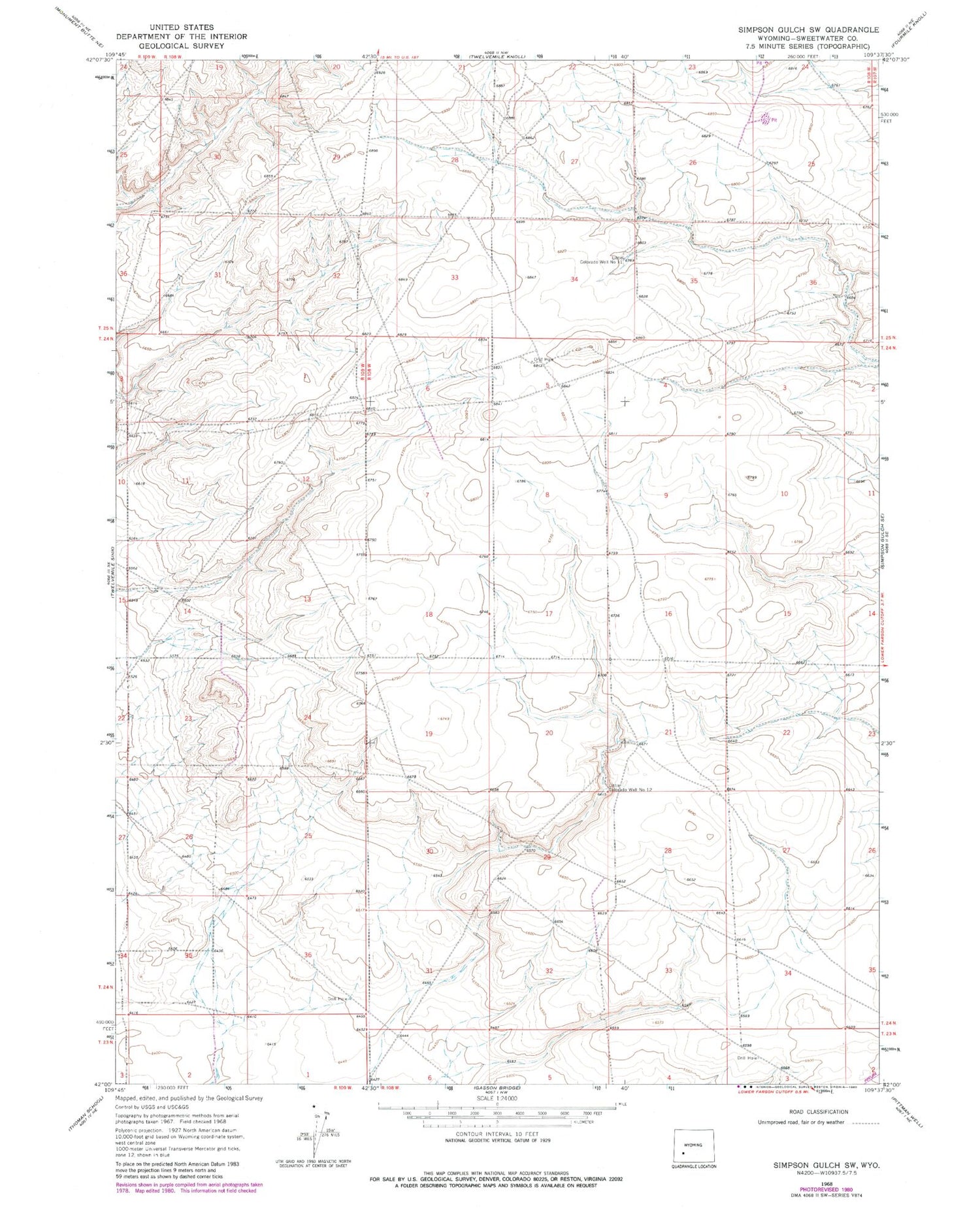 Classic USGS Simpson Gulch SW Wyoming 7.5'x7.5' Topo Map Image