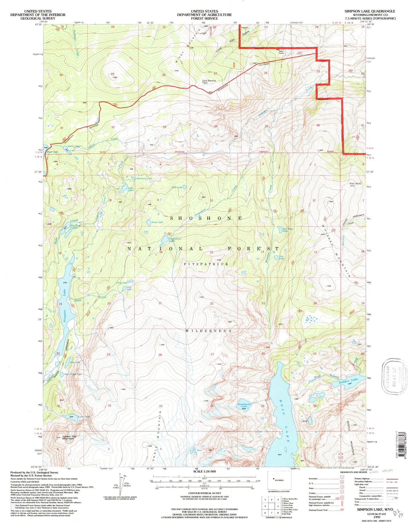Classic USGS Simpson Lake Wyoming 7.5'x7.5' Topo Map Image