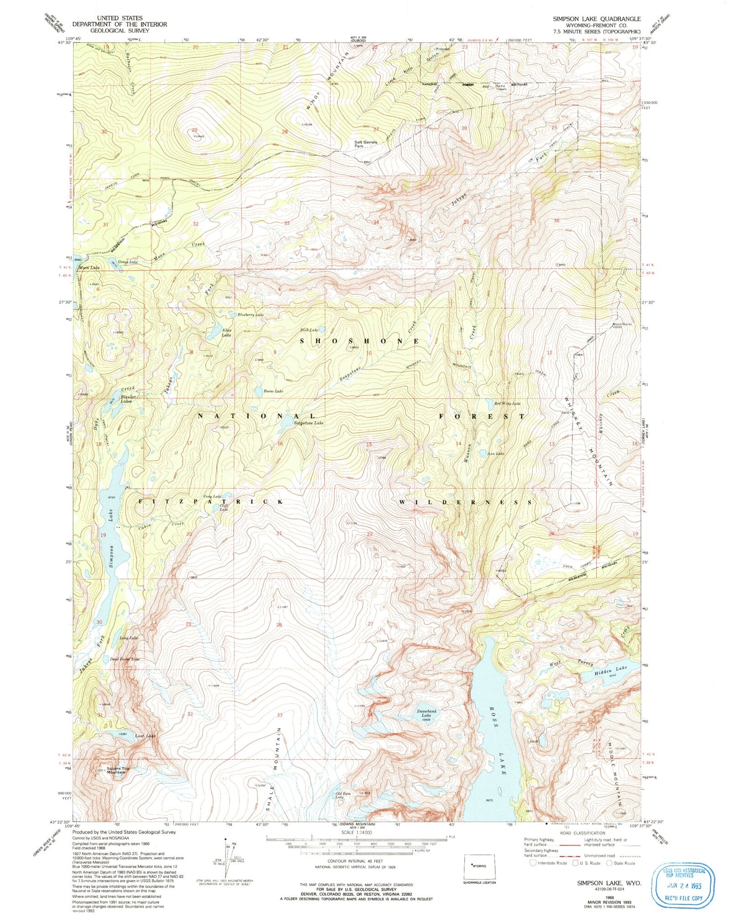 Classic USGS Simpson Lake Wyoming 7.5'x7.5' Topo Map Image
