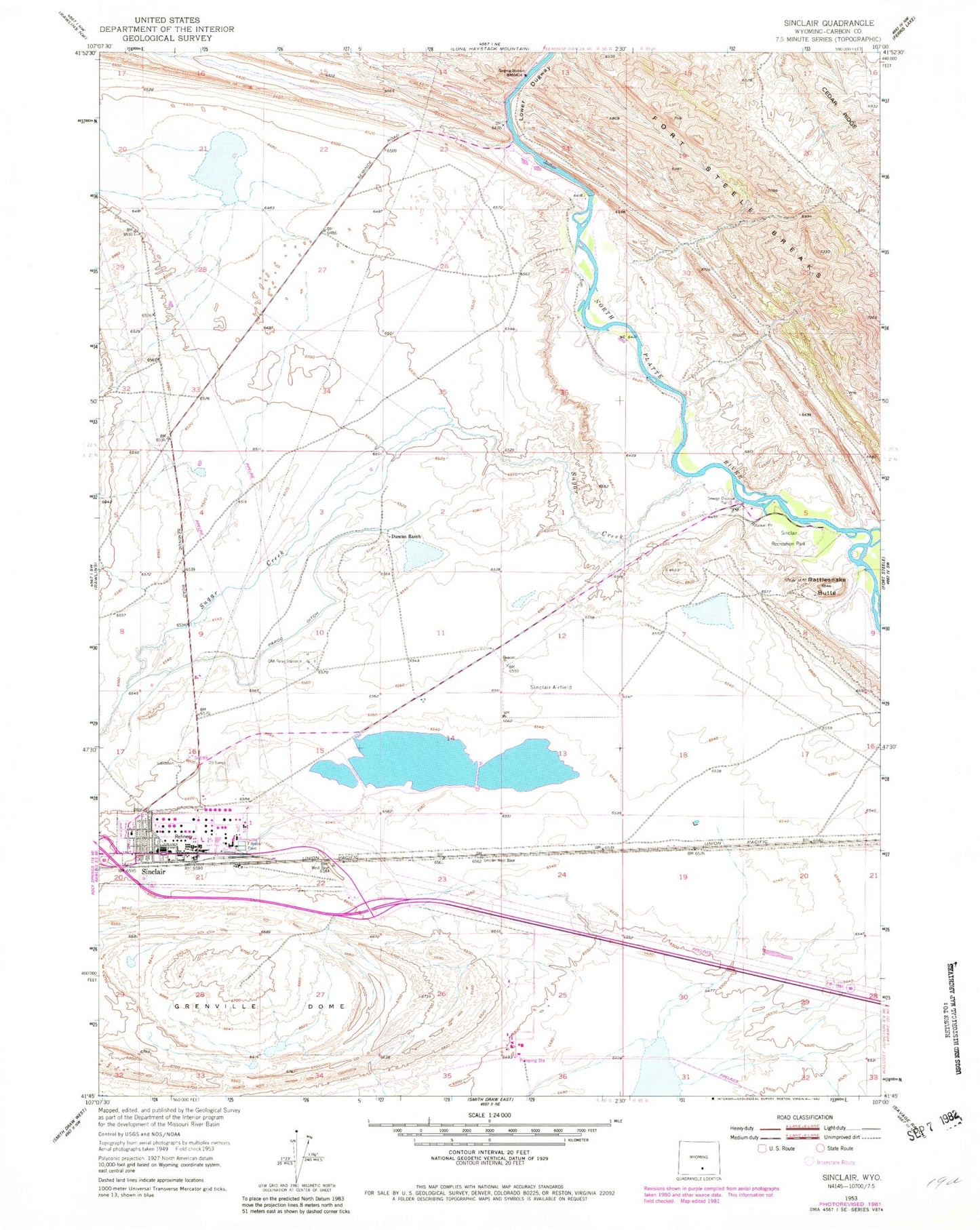 Classic USGS Sinclair Wyoming 7.5'x7.5' Topo Map Image