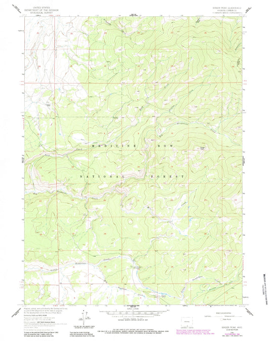 Classic USGS Singer Peak Wyoming 7.5'x7.5' Topo Map Image