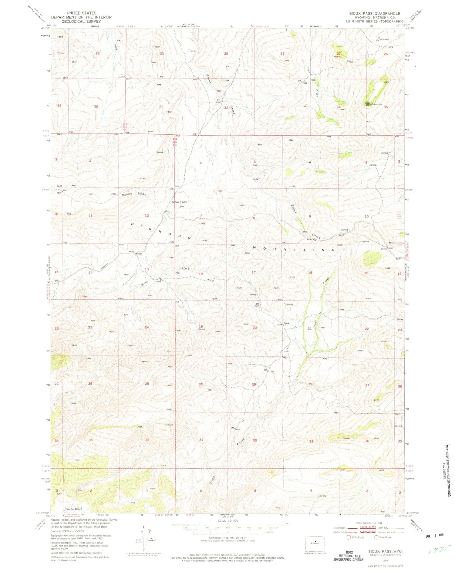 Classic USGS Sioux Pass Wyoming 7.5'x7.5' Topo Map Image