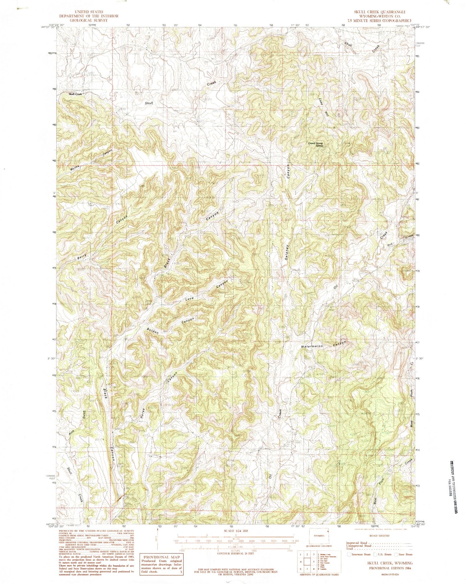 Classic USGS Skull Creek Wyoming 7.5'x7.5' Topo Map Image