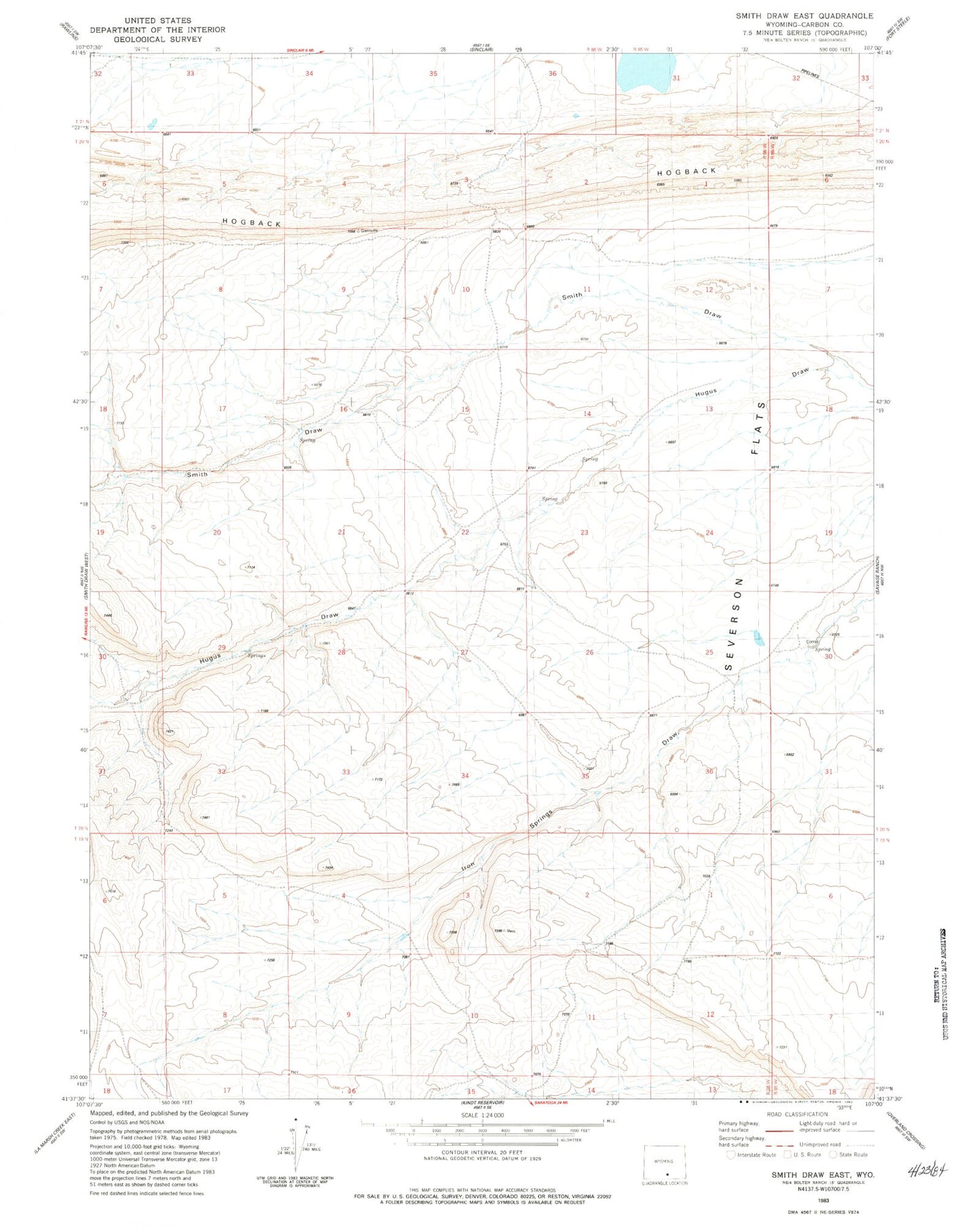 Classic USGS Smith Draw East Wyoming 7.5'x7.5' Topo Map Image