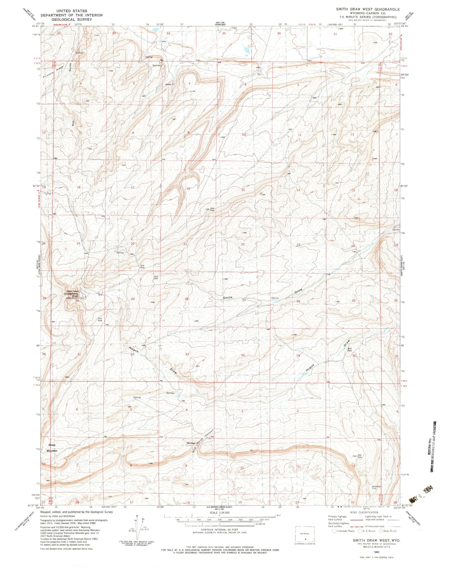 Classic USGS Smith Draw West Wyoming 7.5'x7.5' Topo Map Image