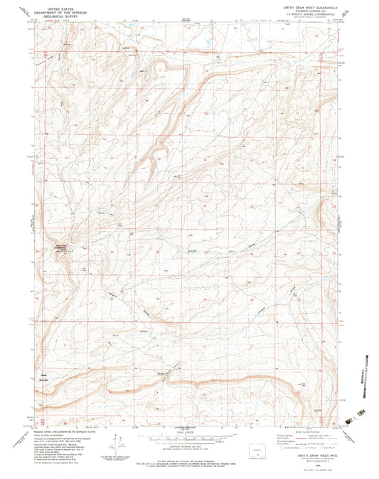 Classic USGS Smith Draw West Wyoming 7.5'x7.5' Topo Map Image