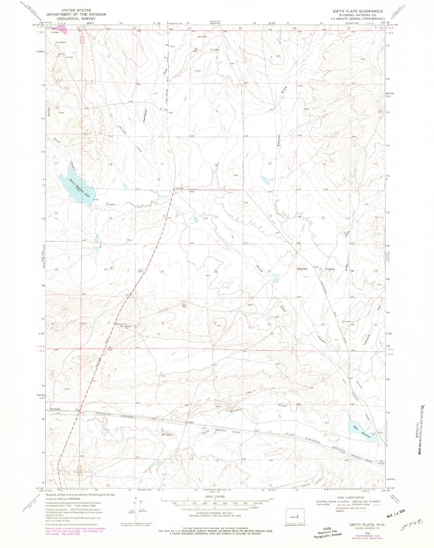 Classic USGS Smith Flats Wyoming 7.5'x7.5' Topo Map Image