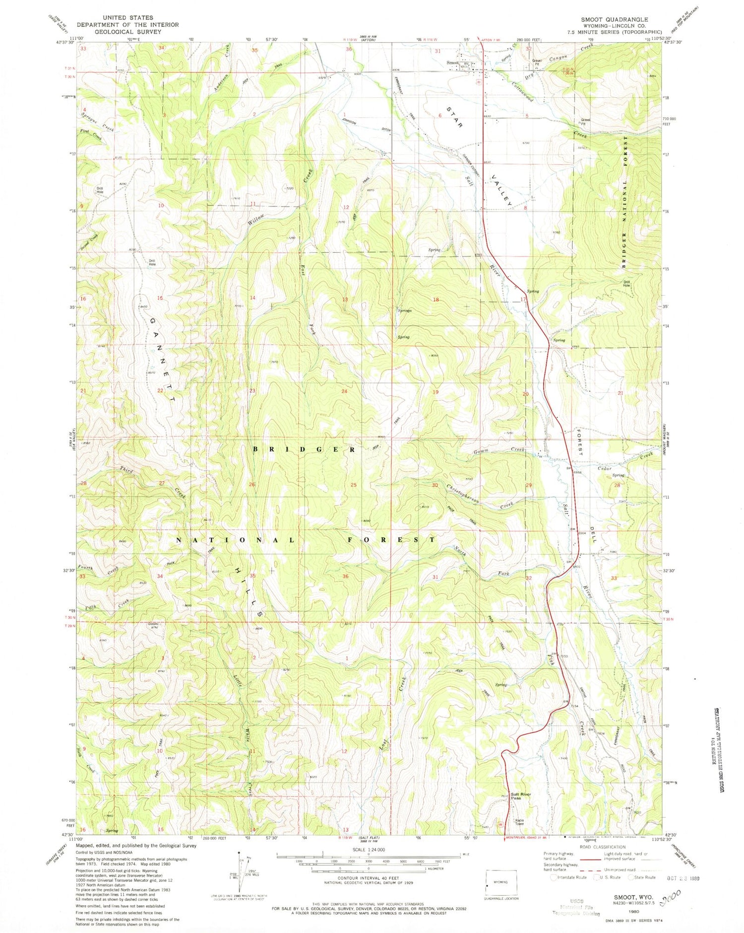 Classic USGS Smoot Wyoming 7.5'x7.5' Topo Map Image