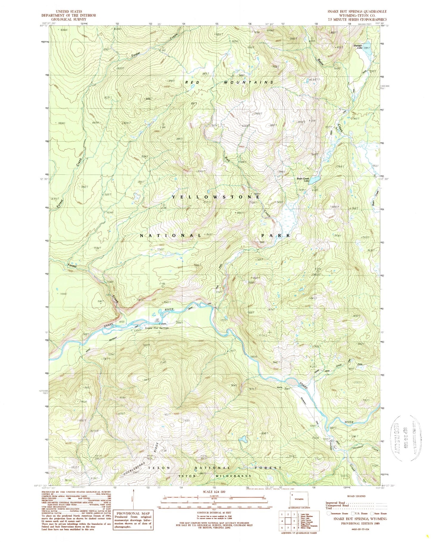 Classic USGS Snake Hot Springs Wyoming 7.5'x7.5' Topo Map Image