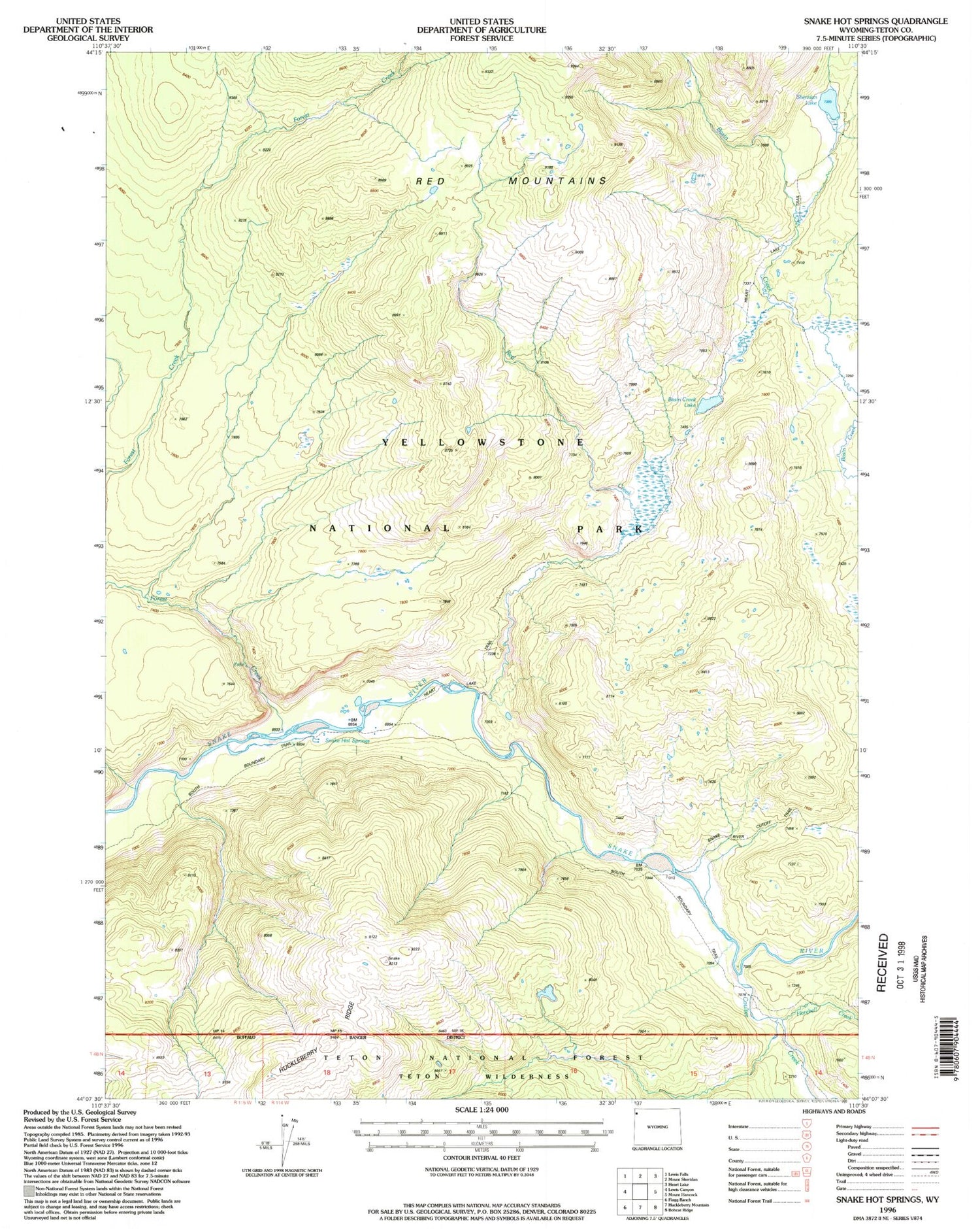 Classic USGS Snake Hot Springs Wyoming 7.5'x7.5' Topo Map Image