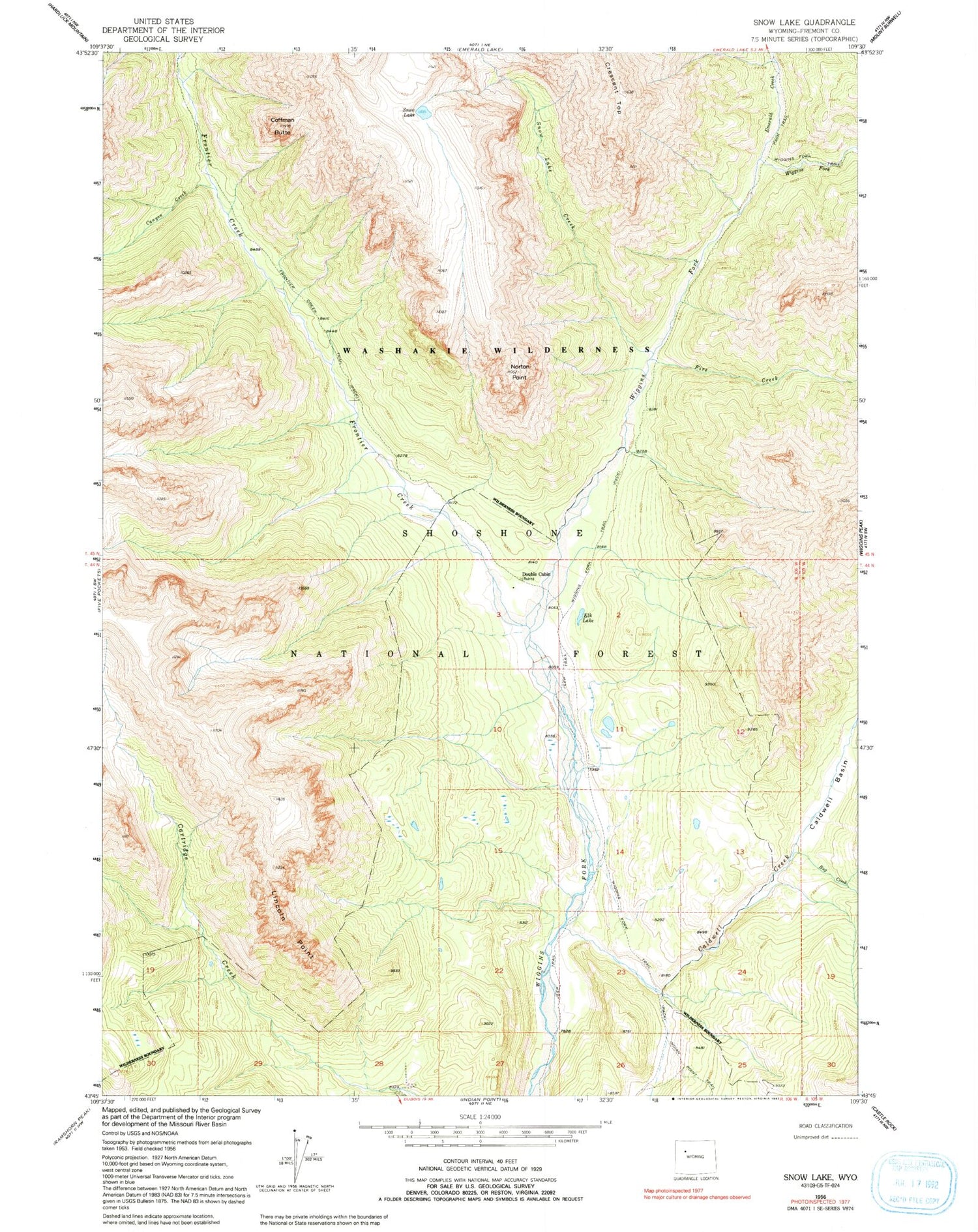 Classic USGS Snow Lake Wyoming 7.5'x7.5' Topo Map Image