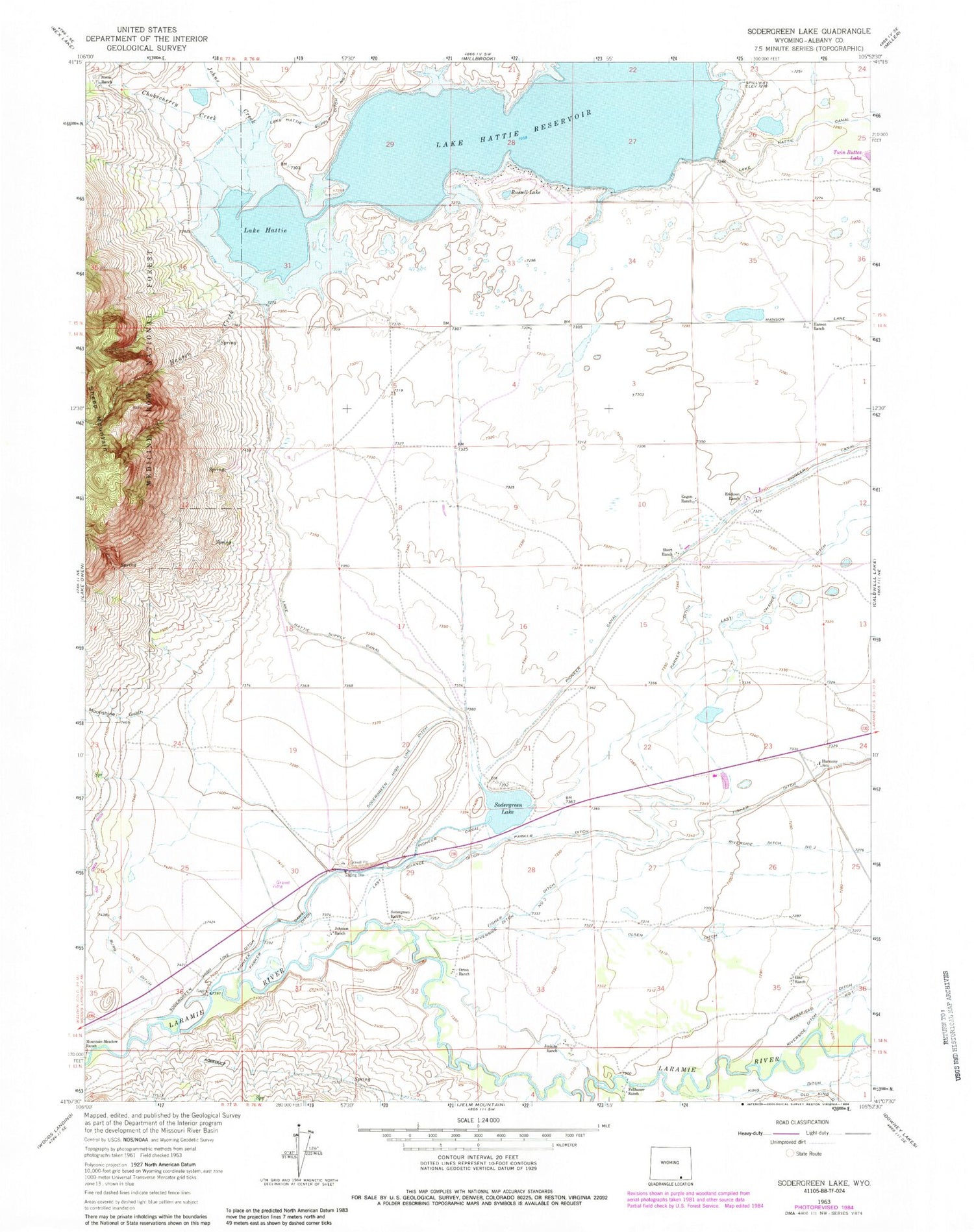 Classic USGS Sodergreen Lake Wyoming 7.5'x7.5' Topo Map Image