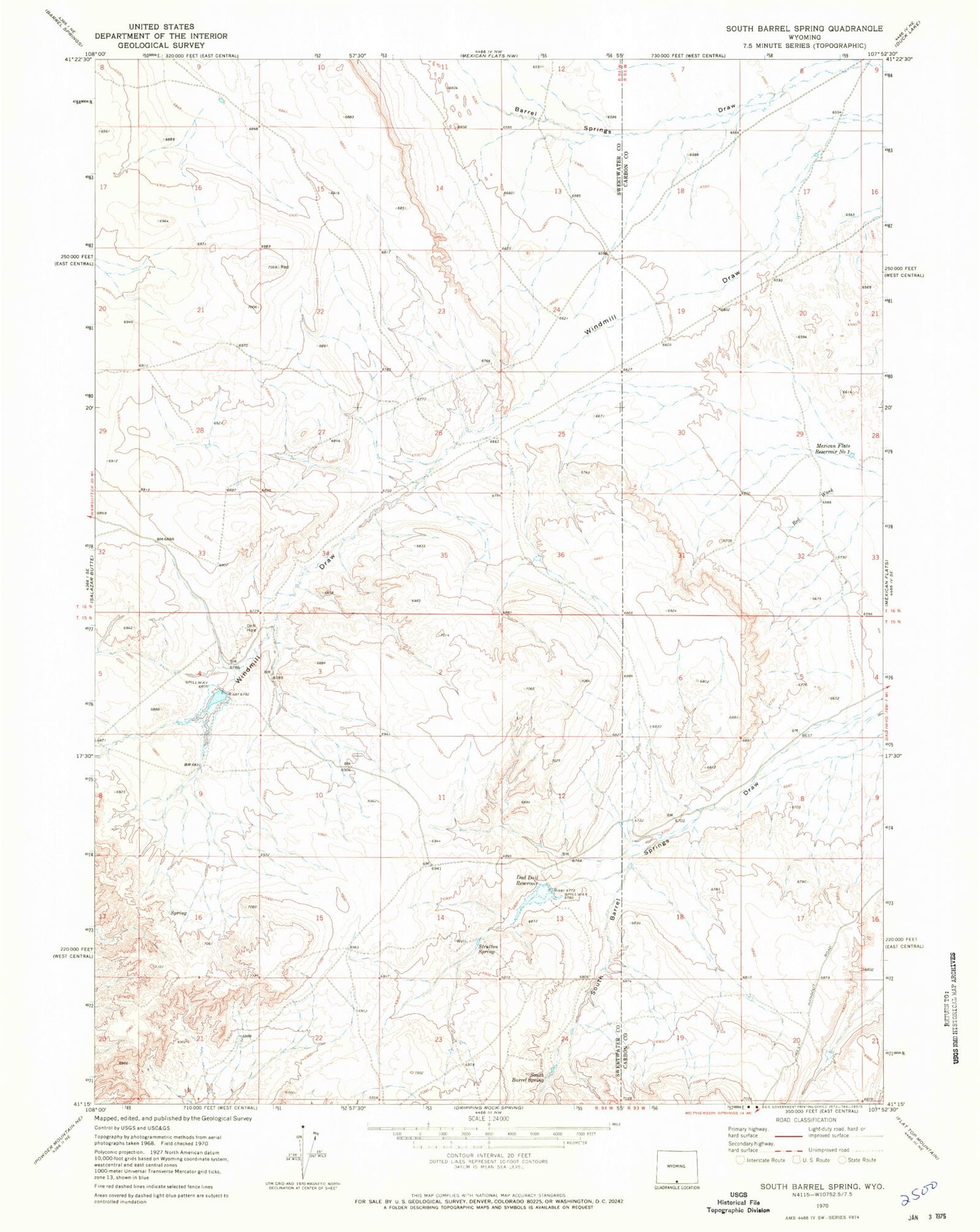 Classic USGS South Barrel Spring Wyoming 7.5'x7.5' Topo Map Image