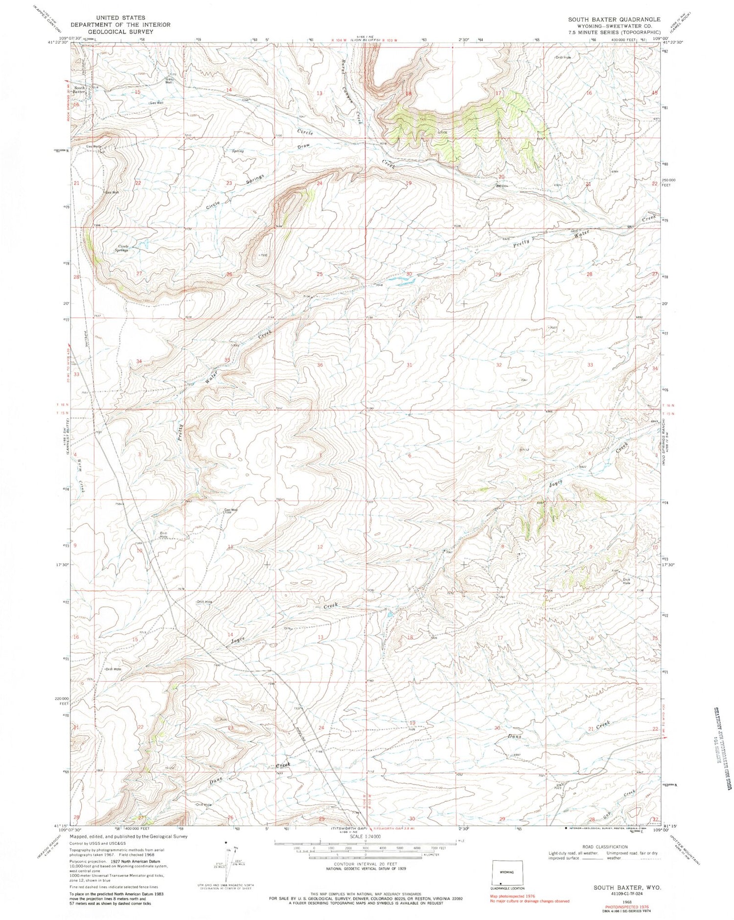 Classic USGS South Baxter Wyoming 7.5'x7.5' Topo Map Image