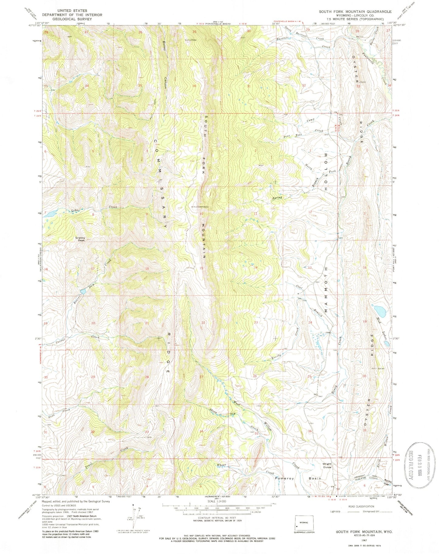 Classic USGS South Fork Mountain Wyoming 7.5'x7.5' Topo Map Image