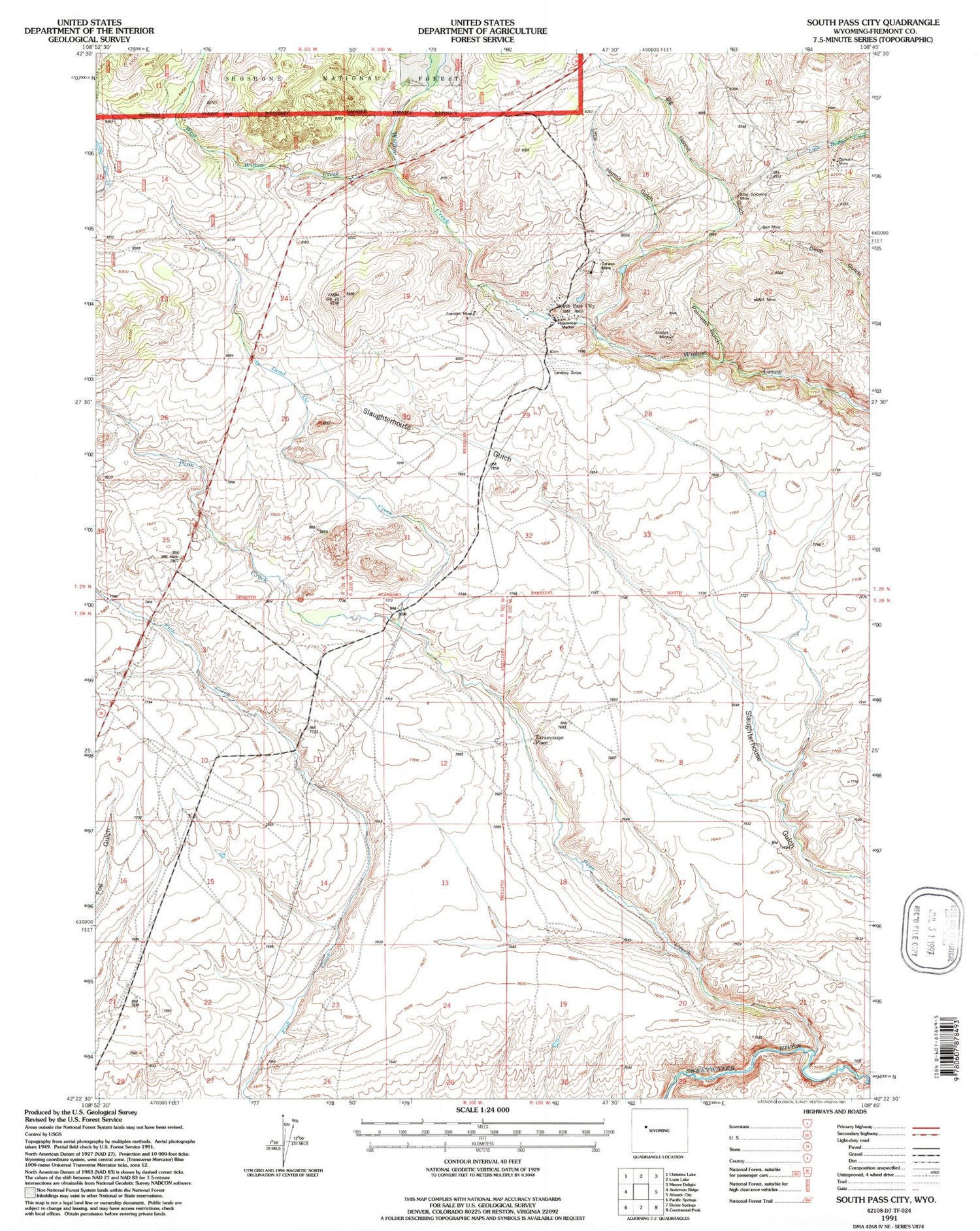 Classic USGS South Pass City Wyoming 7.5'x7.5' Topo Map Image