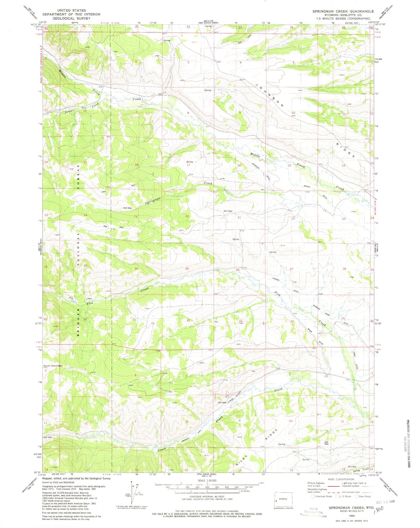 Classic USGS Springman Creek Wyoming 7.5'x7.5' Topo Map Image