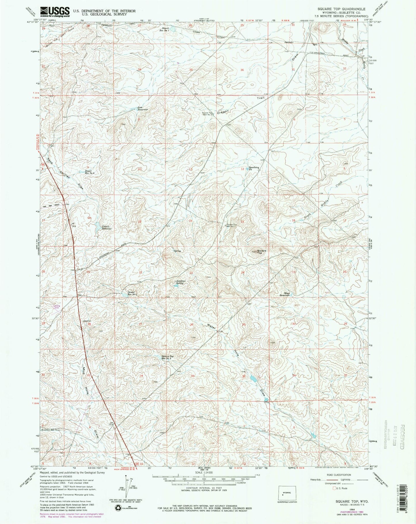 Classic USGS Square Top Wyoming 7.5'x7.5' Topo Map Image