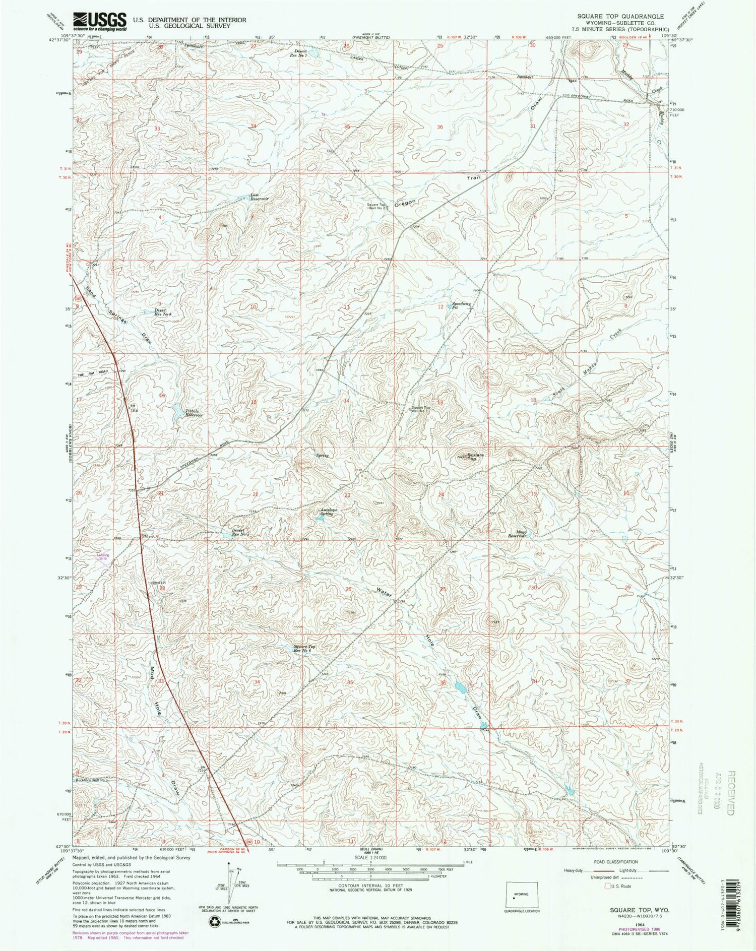 Classic USGS Square Top Wyoming 7.5'x7.5' Topo Map Image