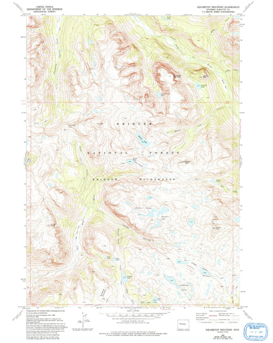 USGS Classic Squaretop Mountain Wyoming 7.5'x7.5' Topo Map Image