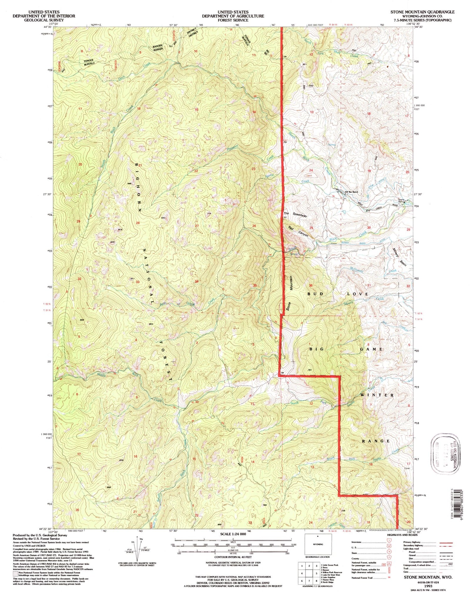 Classic USGS Stone Mountain Wyoming 7.5'x7.5' Topo Map Image