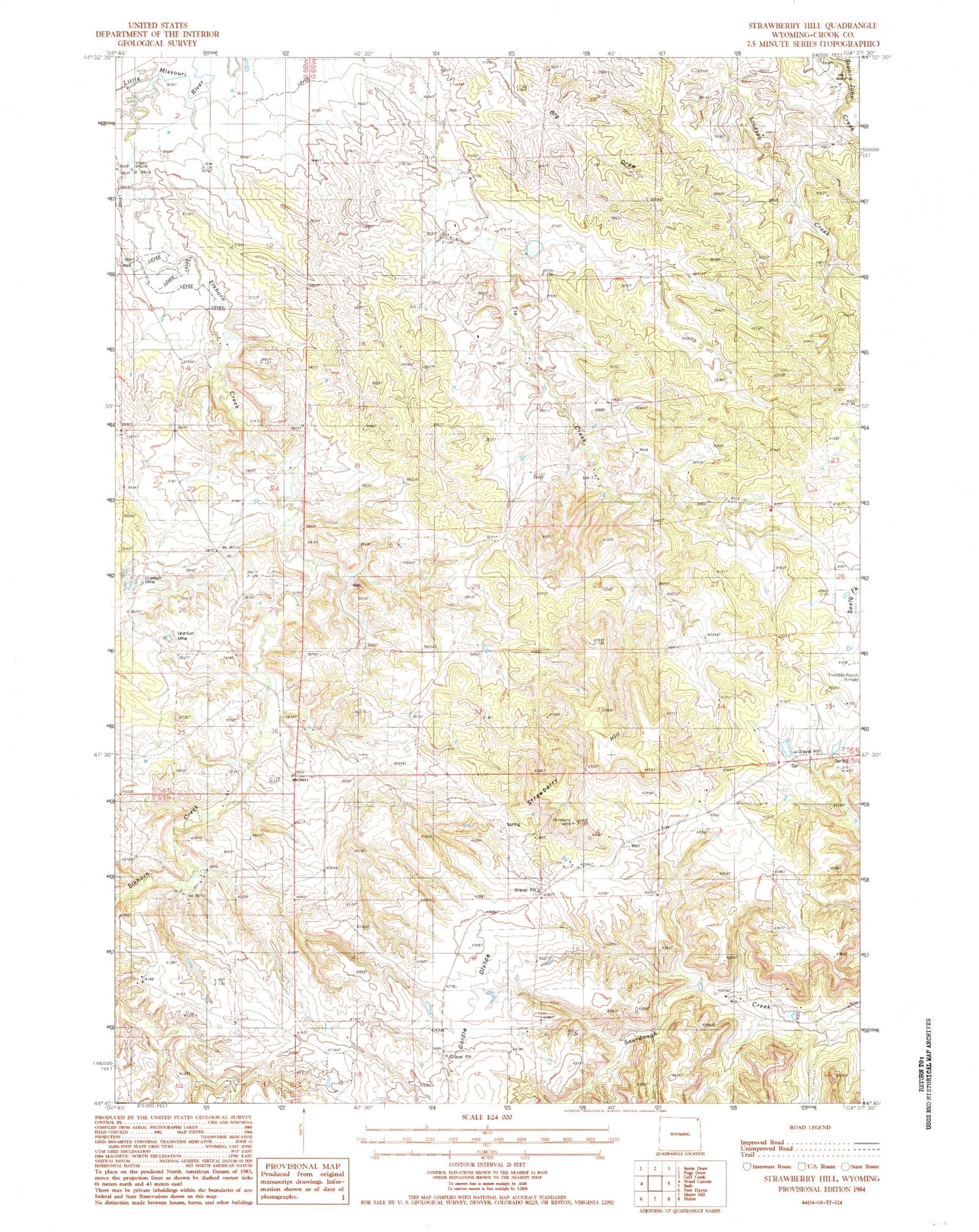 Classic USGS Strawberry Hill Wyoming 7.5'x7.5' Topo Map Image