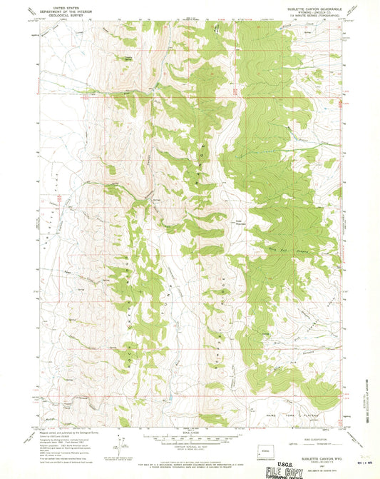 Classic USGS Sublette Canyon Wyoming 7.5'x7.5' Topo Map Image