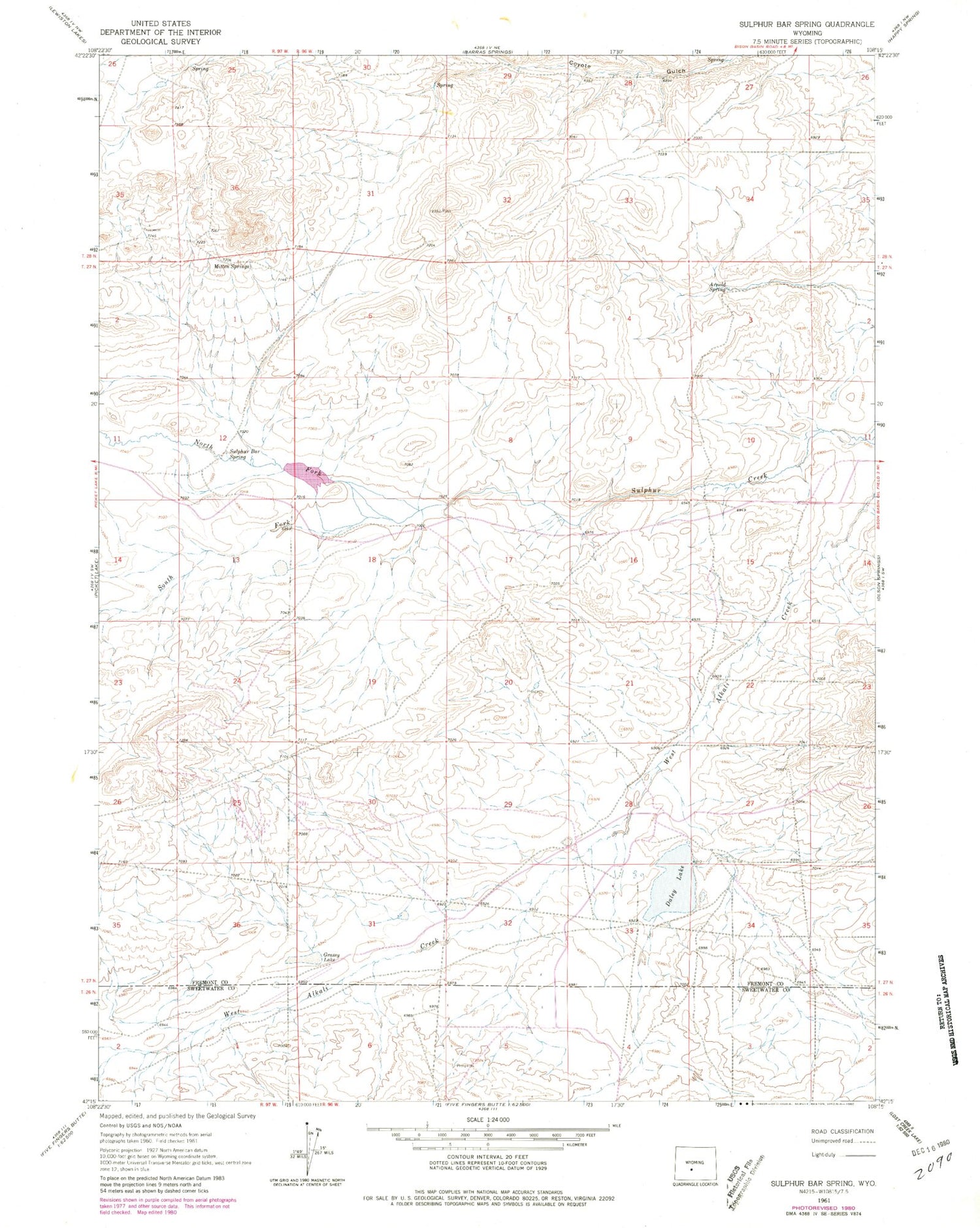 Classic USGS Sulphur Bar Spring Wyoming 7.5'x7.5' Topo Map Image