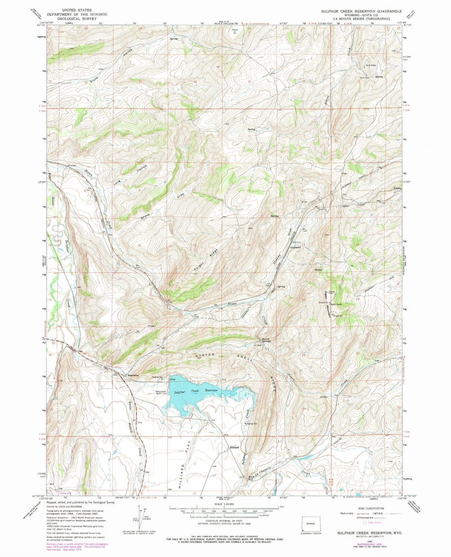 Classic USGS Sulphur Creek Reservoir Wyoming 7.5'x7.5' Topo Map Image