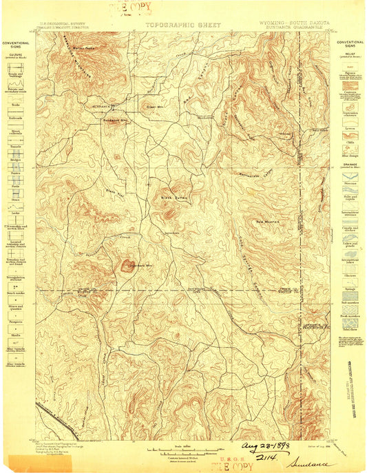 Historic 1898 Sundance Wyoming 30'x30' Topo Map Image