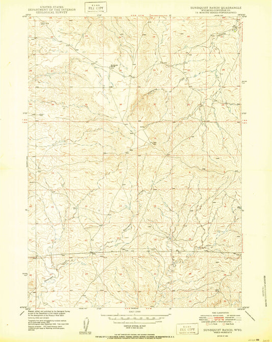 Classic USGS Sundquist Ranch Wyoming 7.5'x7.5' Topo Map Image