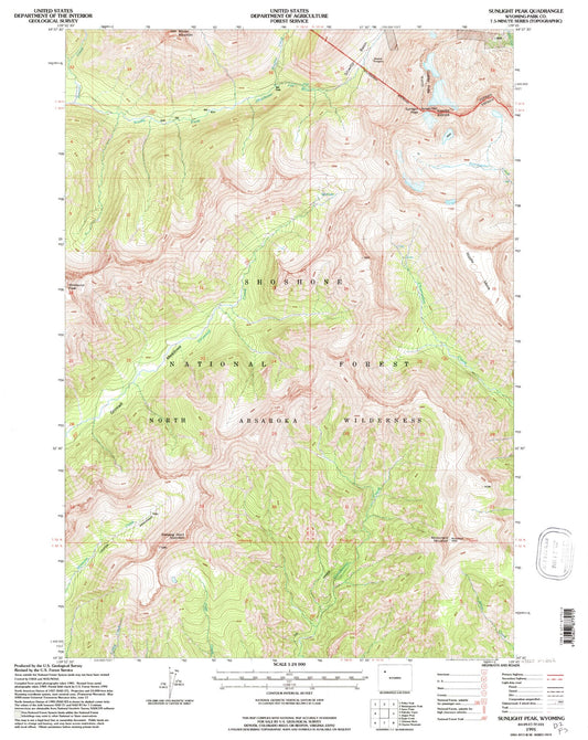 Classic USGS Sunlight Peak Wyoming 7.5'x7.5' Topo Map Image