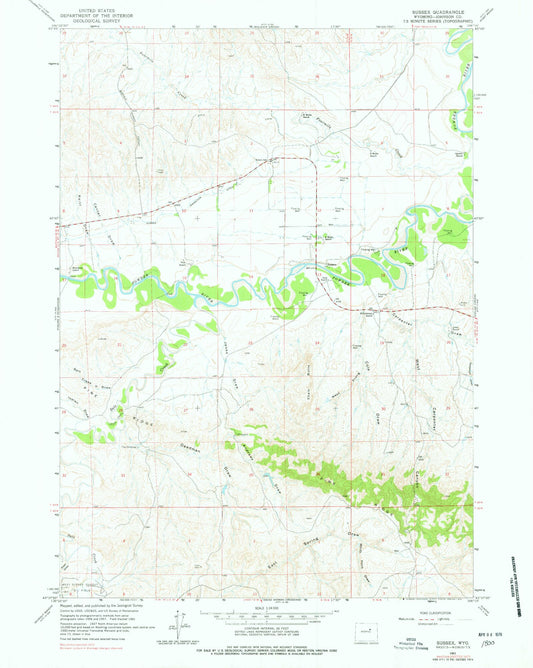 Classic USGS Sussex Wyoming 7.5'x7.5' Topo Map Image