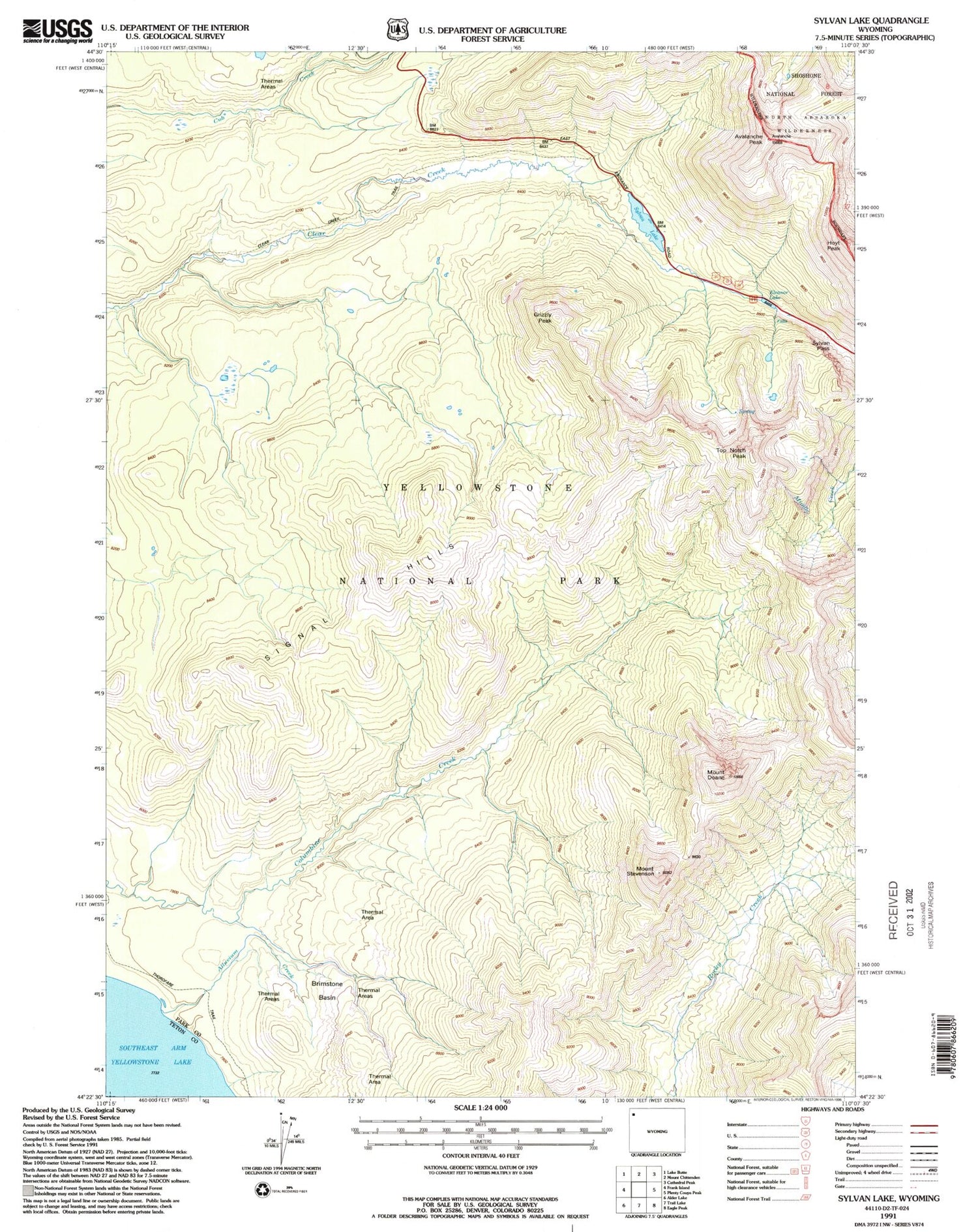 Classic USGS Sylvan Lake Wyoming 7.5'x7.5' Topo Map Image