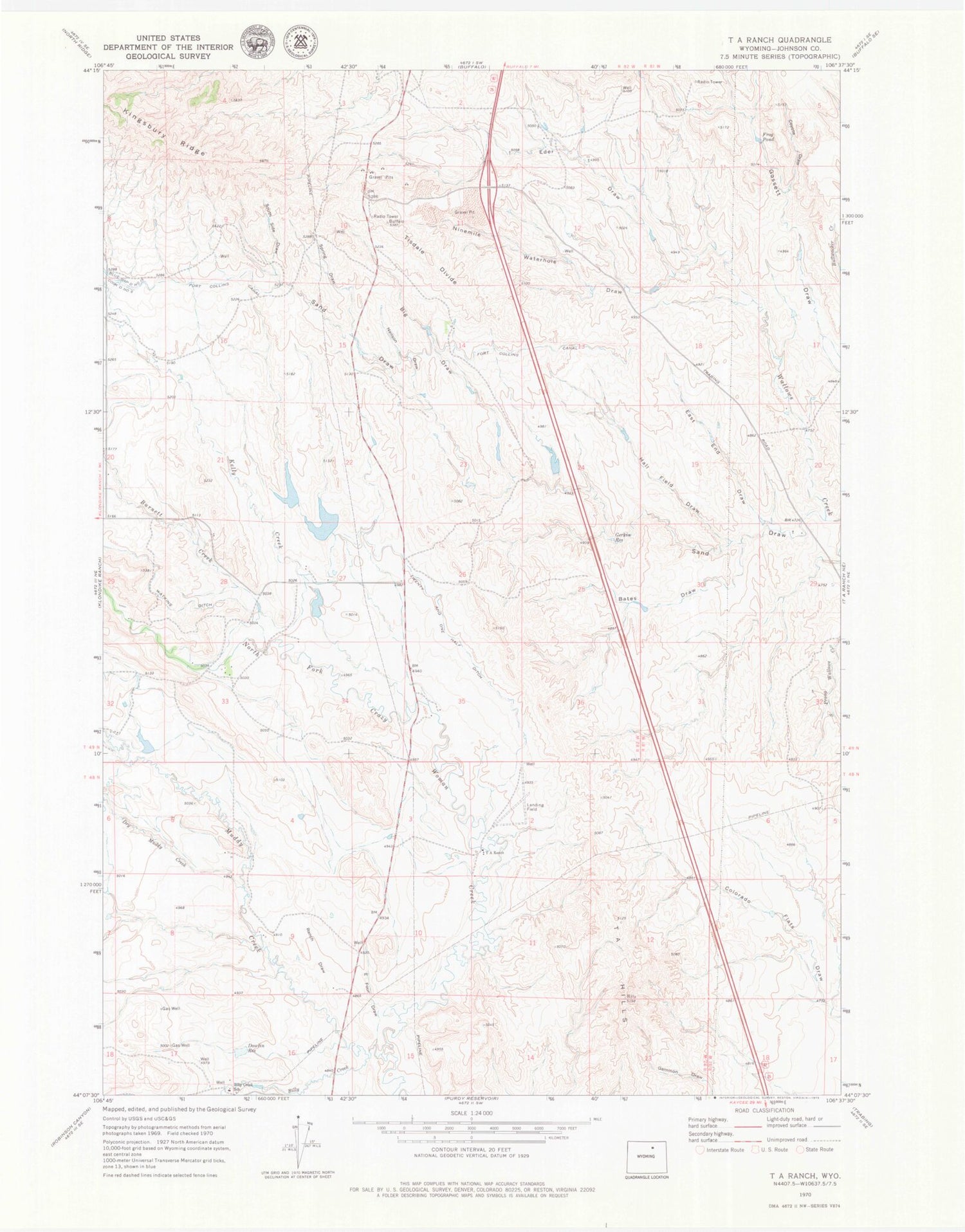 Classic USGS T A Ranch Wyoming 7.5'x7.5' Topo Map Image