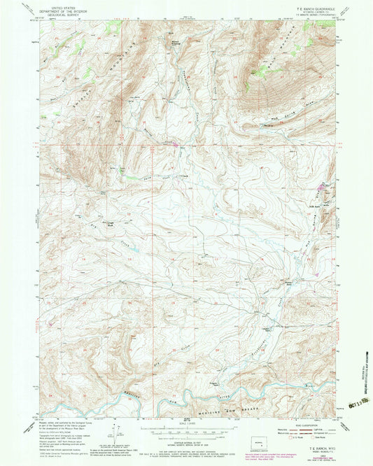 Classic USGS T E Ranch Wyoming 7.5'x7.5' Topo Map Image
