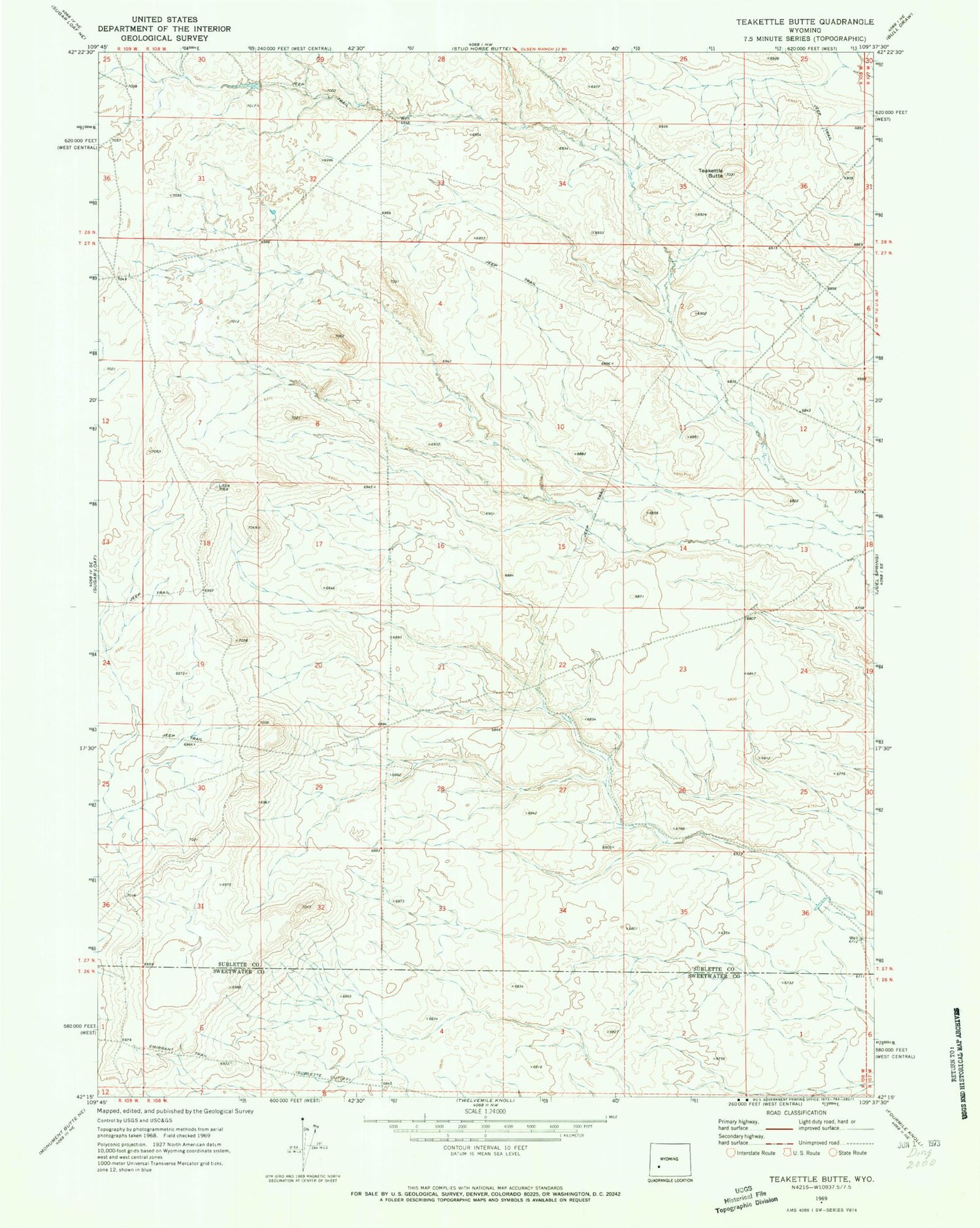 Classic USGS Teakettle Butte Wyoming 7.5'x7.5' Topo Map Image