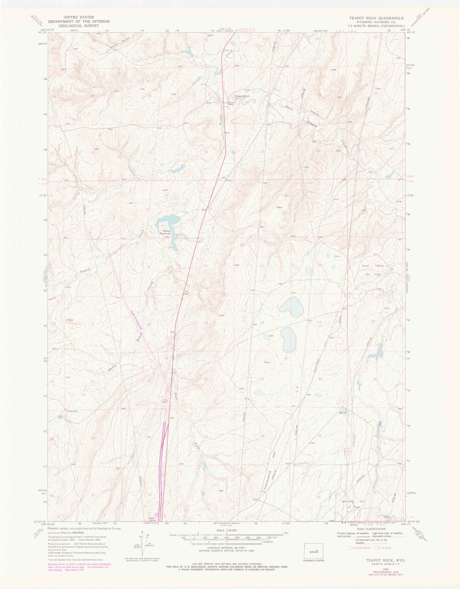 Classic USGS Teapot Rock Wyoming 7.5'x7.5' Topo Map Image