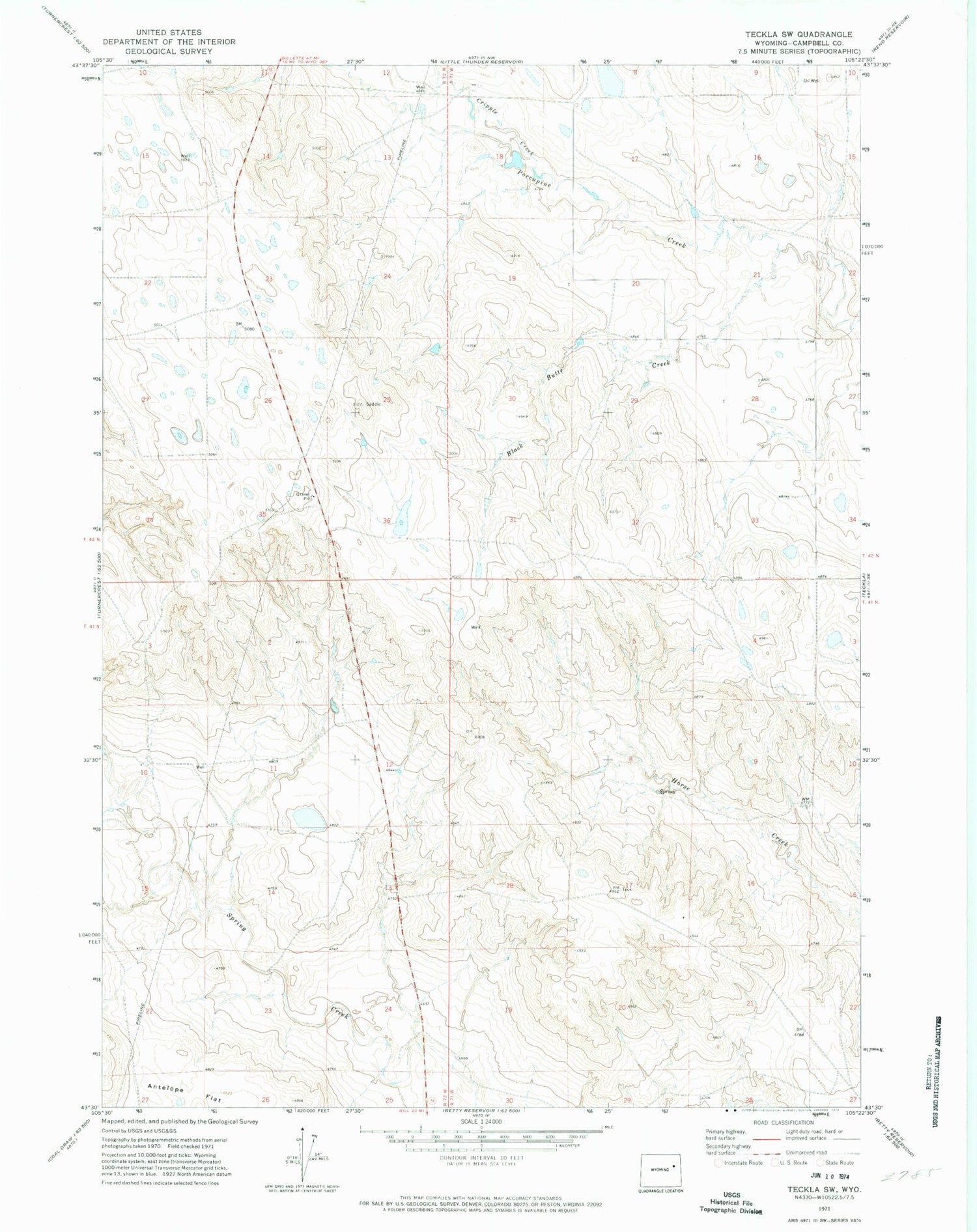Classic USGS Teckla SW Wyoming 7.5'x7.5' Topo Map Image