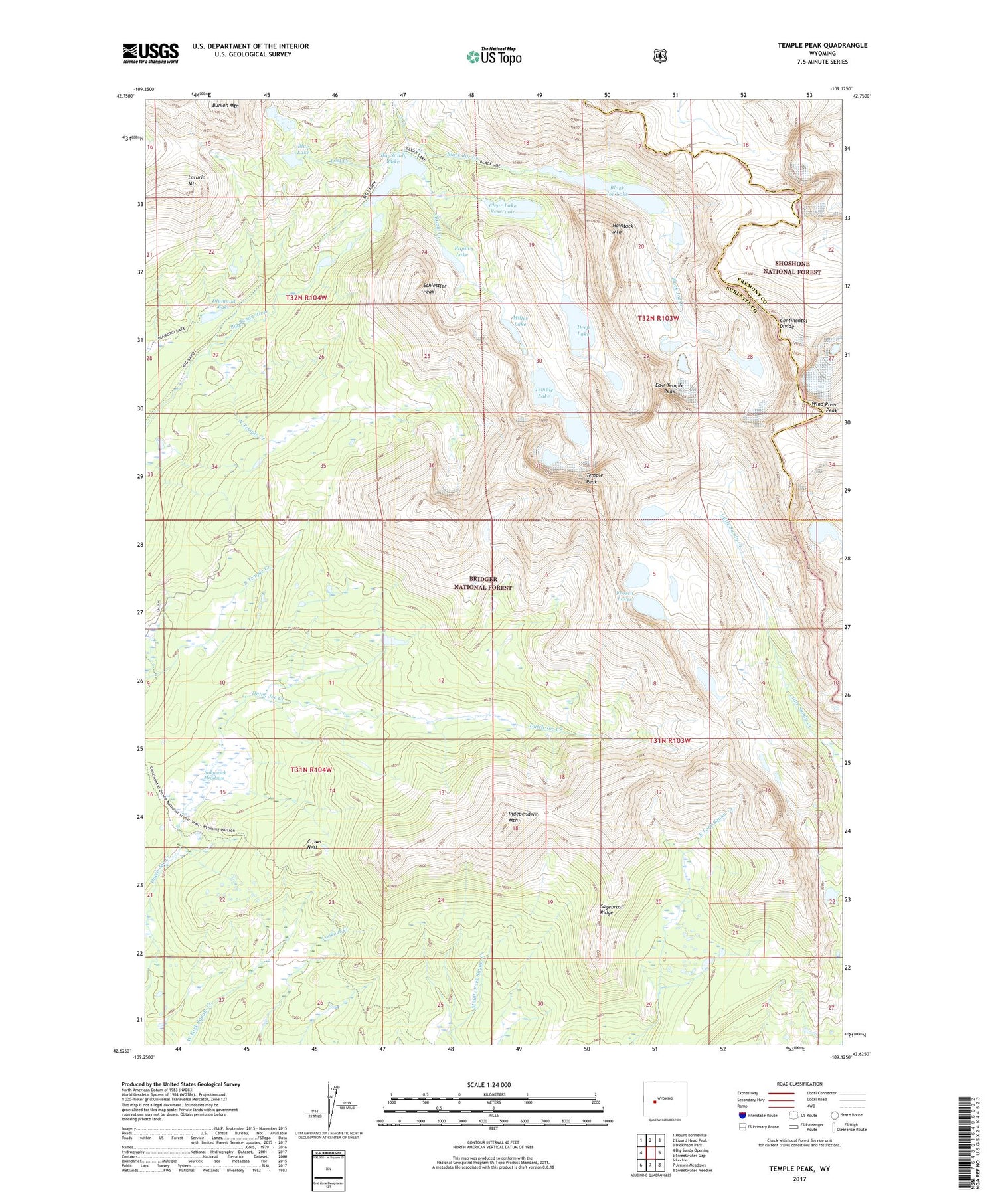 Temple Peak Wyoming US Topo Map Image
