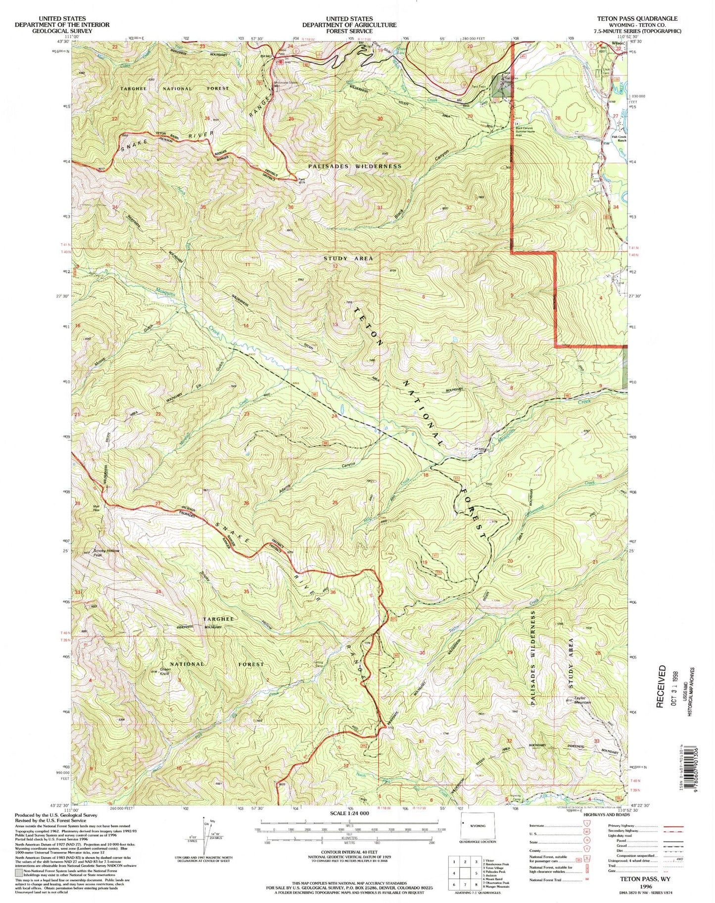 Classic USGS Teton Pass Wyoming 7.5'x7.5' Topo Map Image
