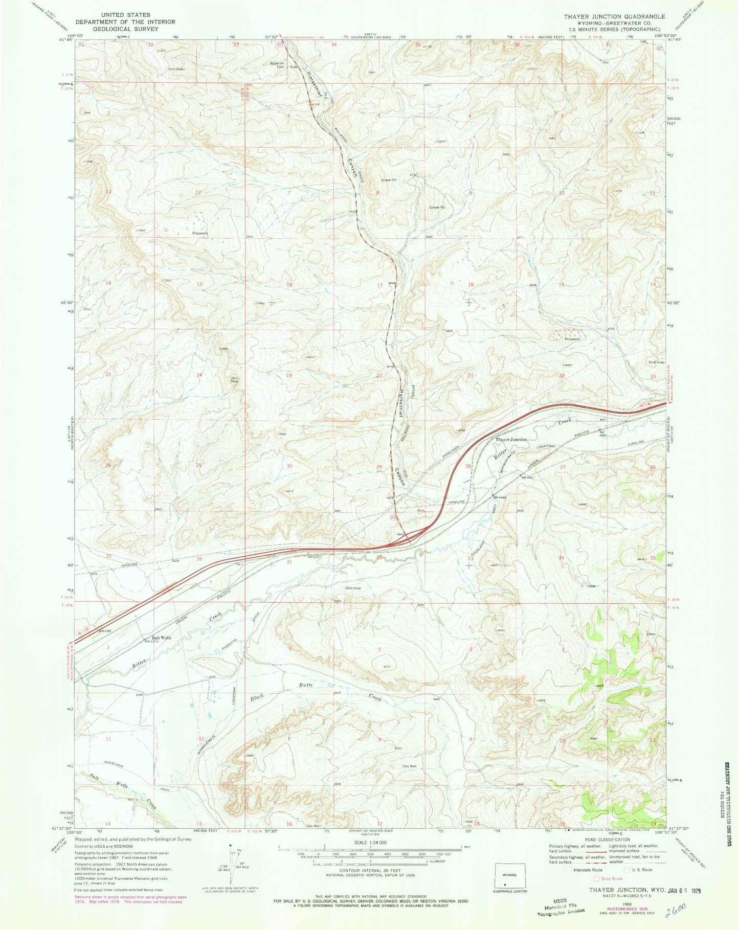 Classic USGS Thayer Junction Wyoming 7.5'x7.5' Topo Map Image