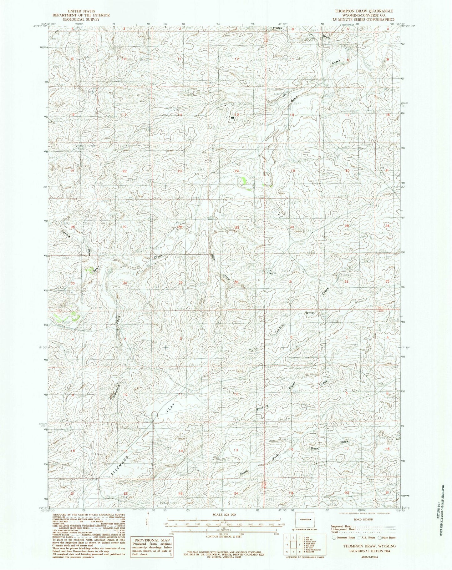 Classic USGS Thompson Draw Wyoming 7.5'x7.5' Topo Map Image